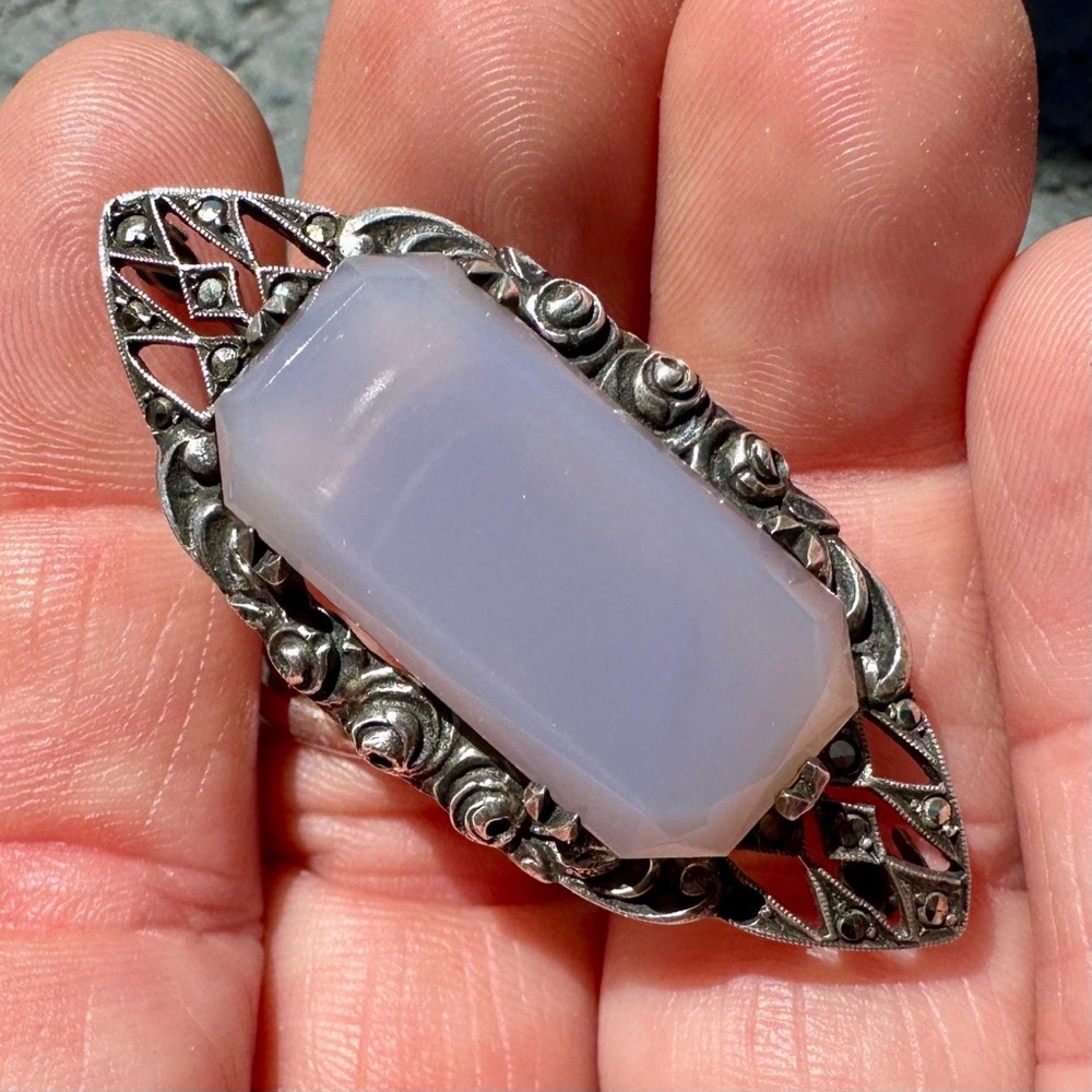 German Sterling Silver Art Deco Art Nouveau Blue Chalcedony Marcasite Brooch Pin